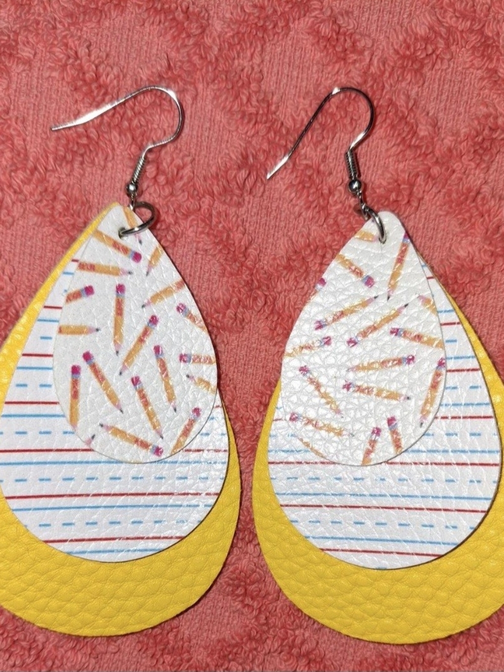 Yellow Teardrop Layered Notebook & Pencil Print Earrings